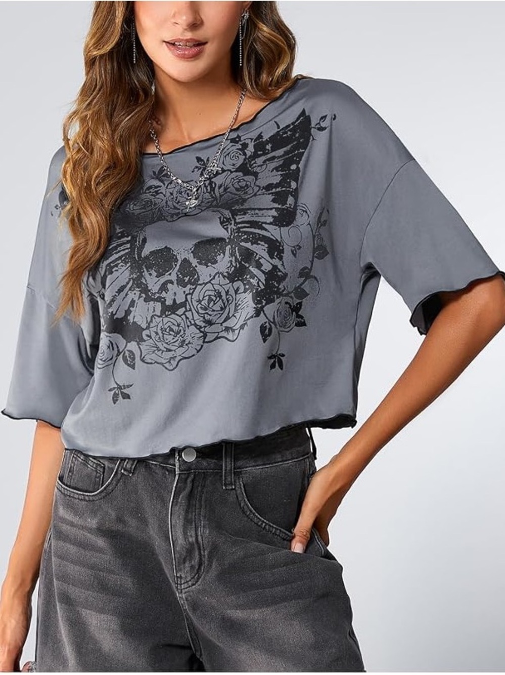 Skull Rose Graphic Oversized Crop Top - Picture 11 of 11
